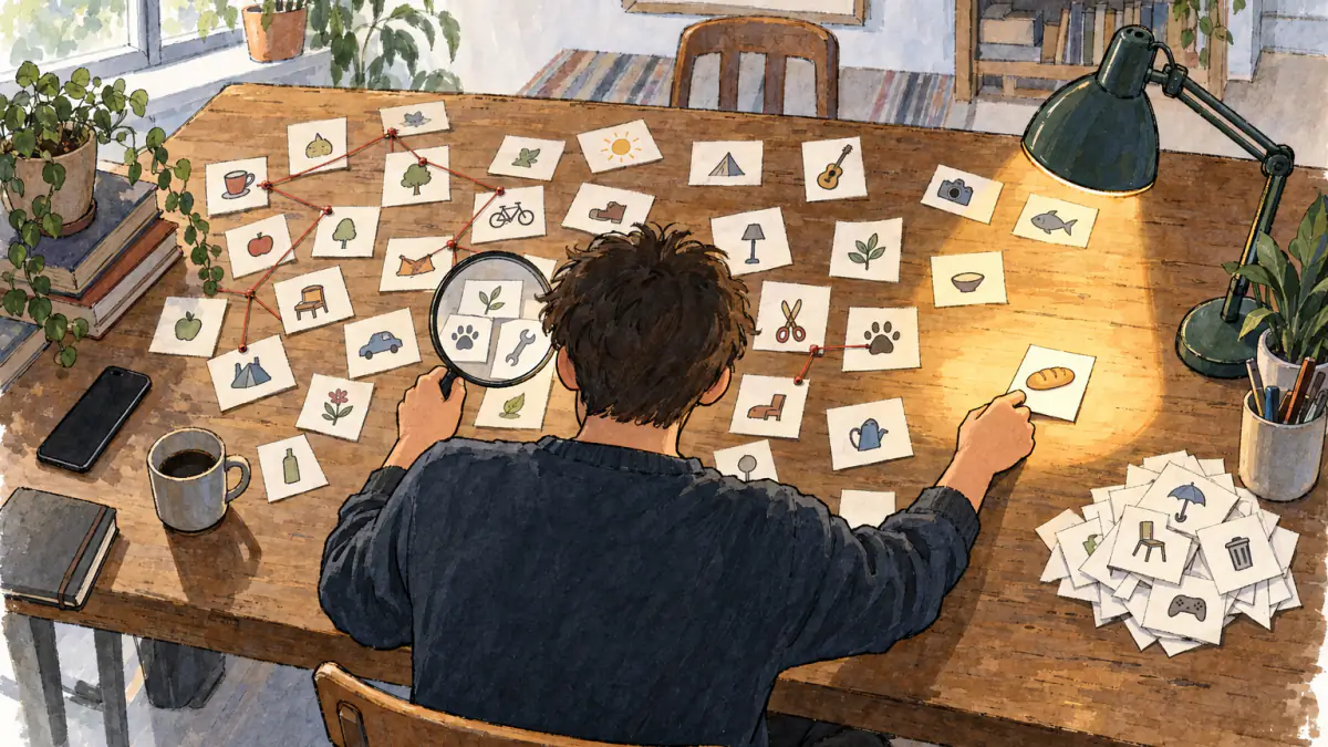 A founder at a wide table covered with small cards, each with a doodle of a cup, scissors, a wrench or bread