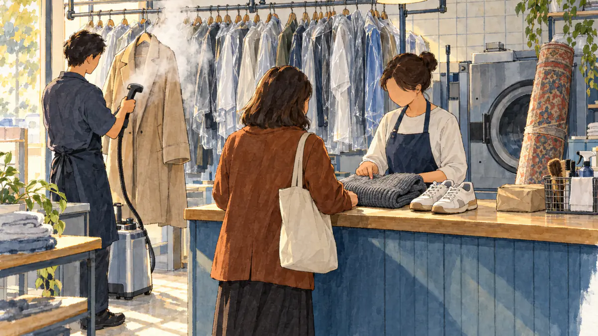 Sketch of a dry cleaner steaming a long coat while a customer hands a wool sweater and sneakers over the counter