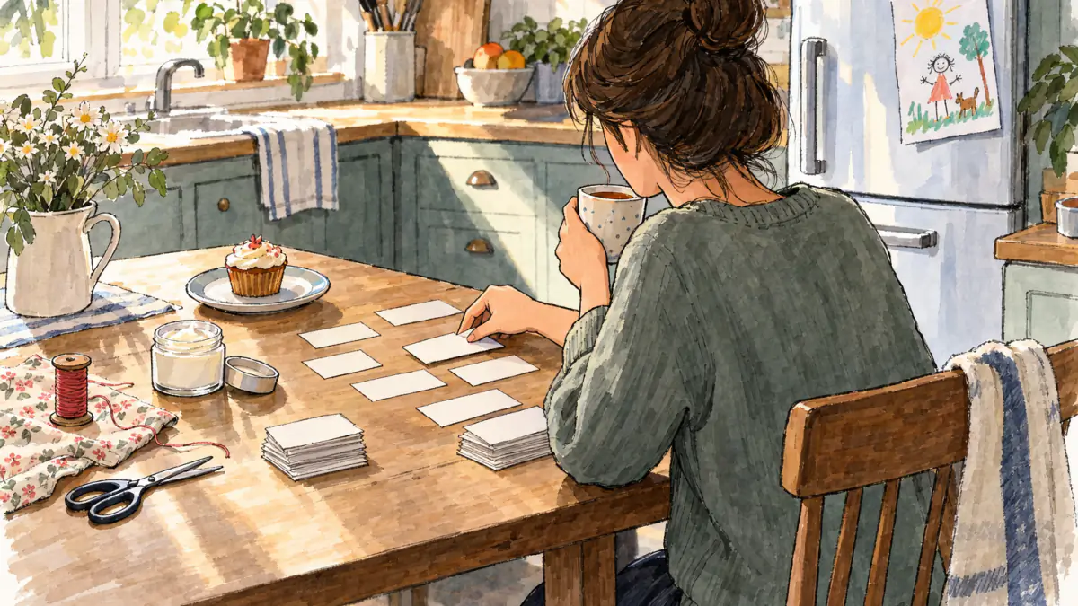 Sketch of a woman at a kitchen table at dawn sorting small paper cards into two piles, a mug of tea and a spool of thread nearby