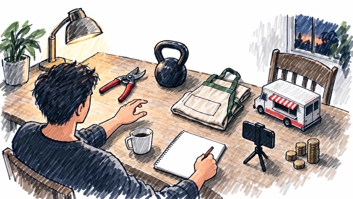 Choosing One Path at the Kitchen Table, AI illustration Marker sketch of a person at a kitchen table choosing among shears, a kettlebell, an apron, a toy food truck, a phone tripod and coins