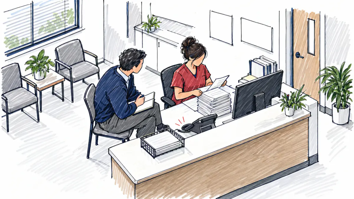 Marker sketch of a founder with a notebook watching a clinic receptionist sort a tall stack of paper forms at the front desk