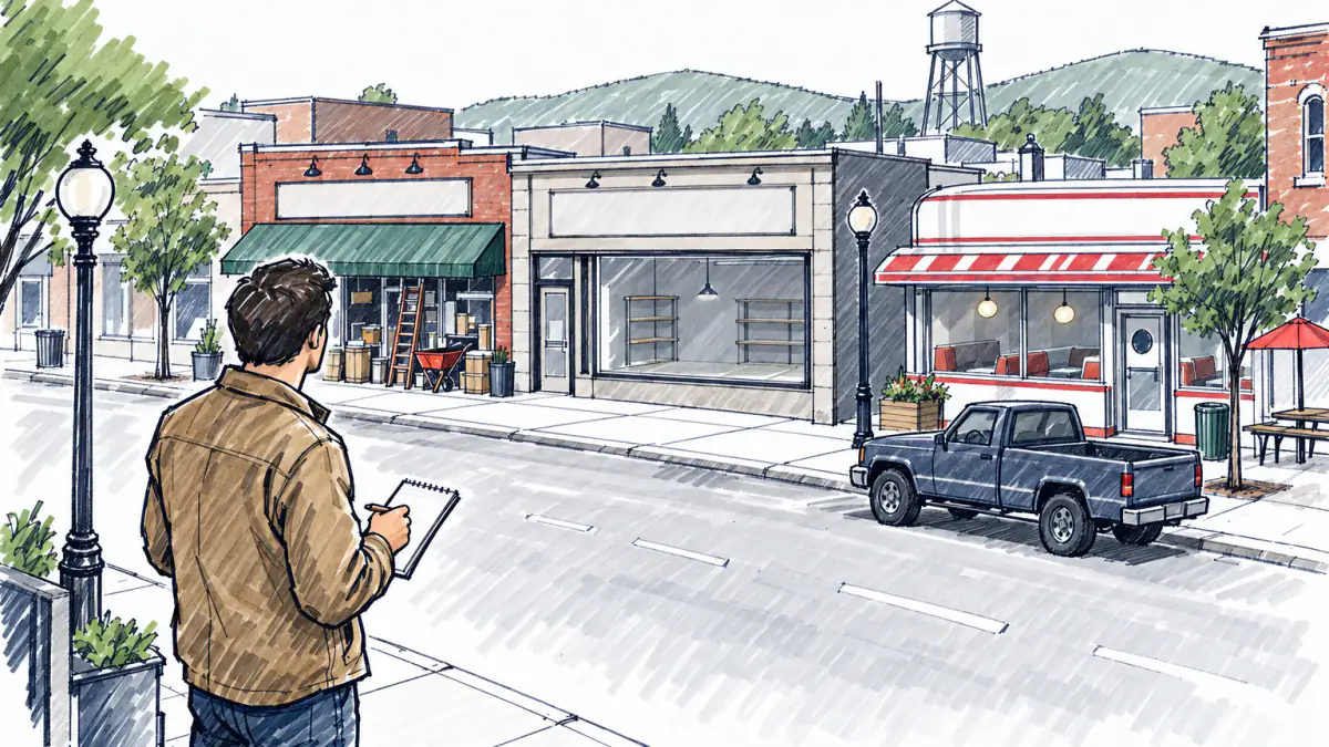 Marker sketch of a person with a notepad on a small main street, looking at an empty shop between a hardware store and a diner