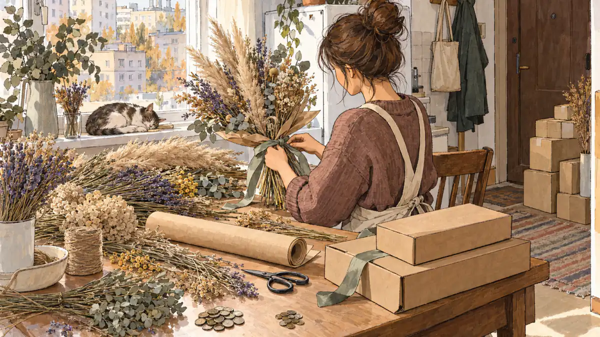 Sketch of hands tying a dried-flower bouquet on a kitchen table, flat shipping boxes and a roll of wrapping paper beside it
