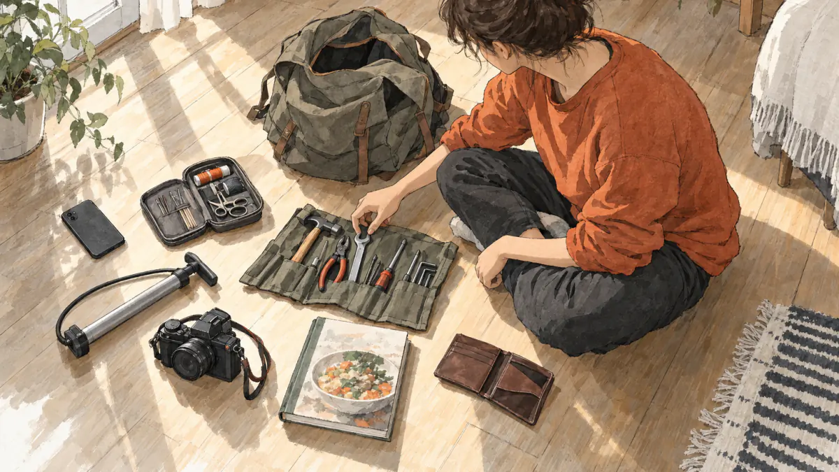 Sketch of a young person on a wooden floor laying out a phone, sewing kit, bike pump, camera, cookbook and tools from a backpack