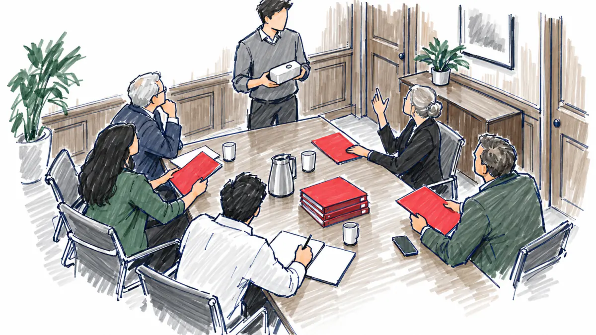 Marker sketch of six investors around a long table listening to a founder who holds up a small prototype device