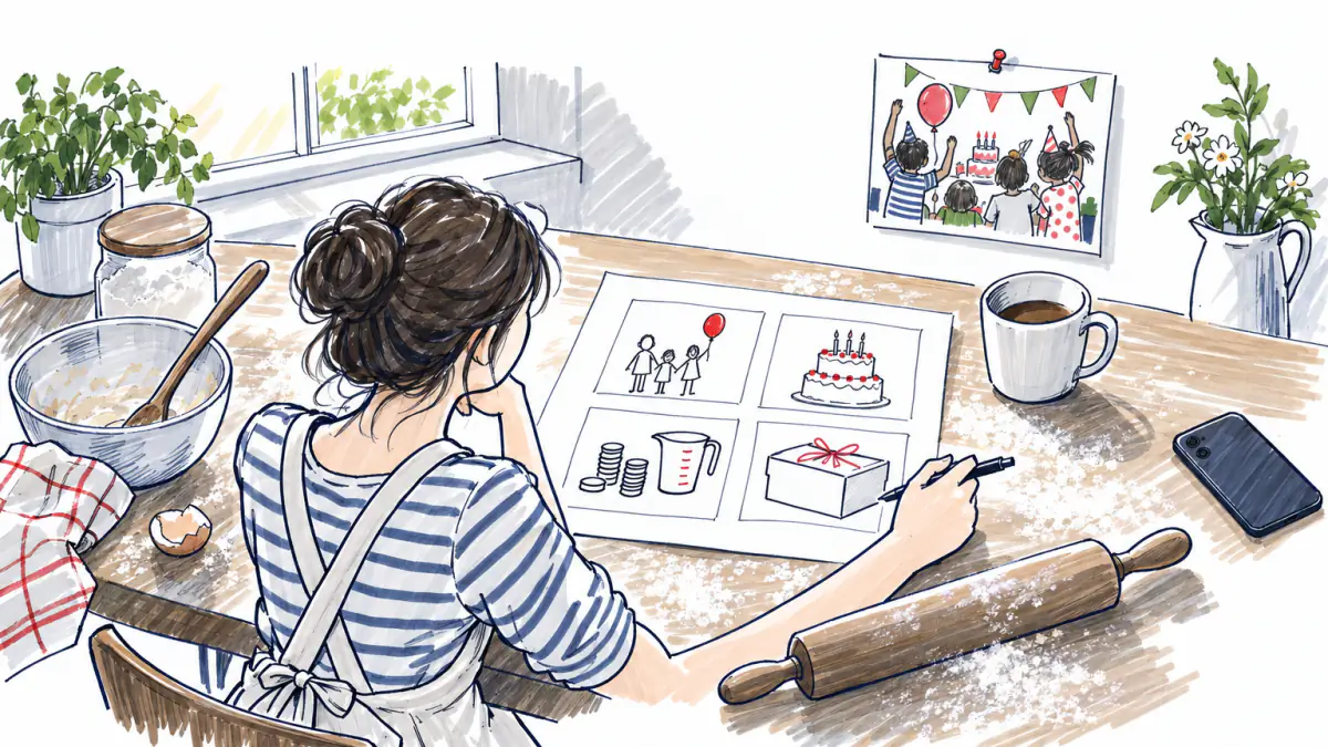 Marker sketch of a baker at a kitchen table drawing four doodled boxes on one sheet of paper beside a rolling pin and eggs