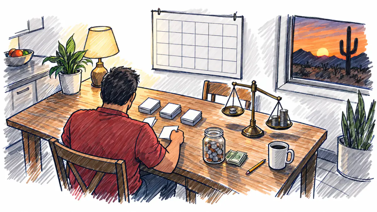 Marker sketch of a person at a kitchen table weighing a small coin pile against a bigger one on a balance scale, beside a coin jar