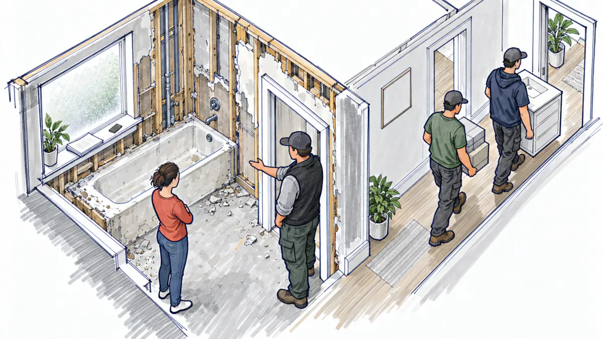 One Crew From Demolition to the Last Tile, AI illustration A homeowner showing a half-demolished bathroom to a crew lead while two workers carry tile boxes and a vanity down the hall