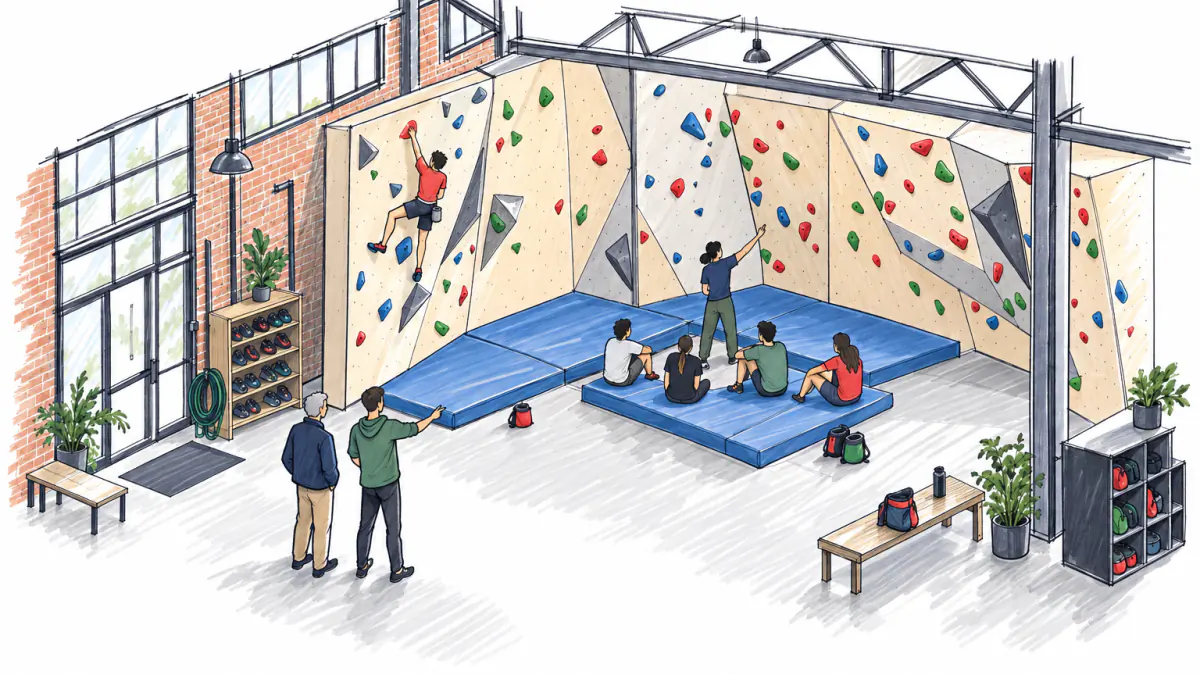 Marker sketch of a warehouse climbing gym where students watch a climber while two adults talk near the entrance