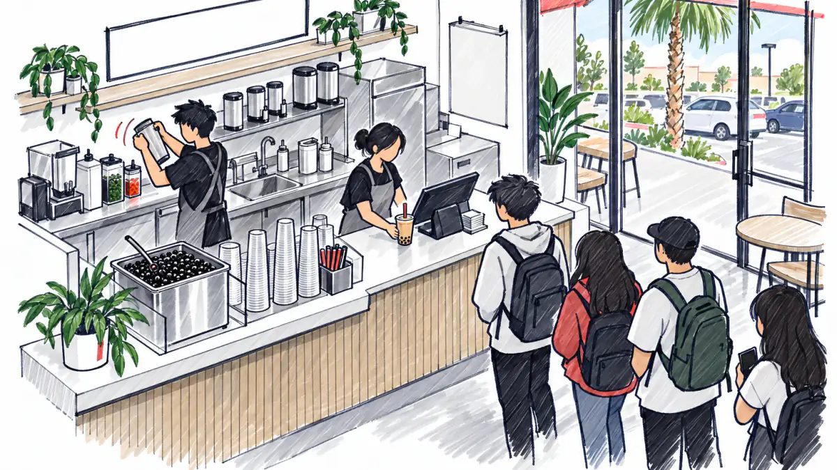 One drink and its receipts, AI illustration The owner of a strip-mall bubble tea shop sets one finished drink by the register as students with backpacks wait