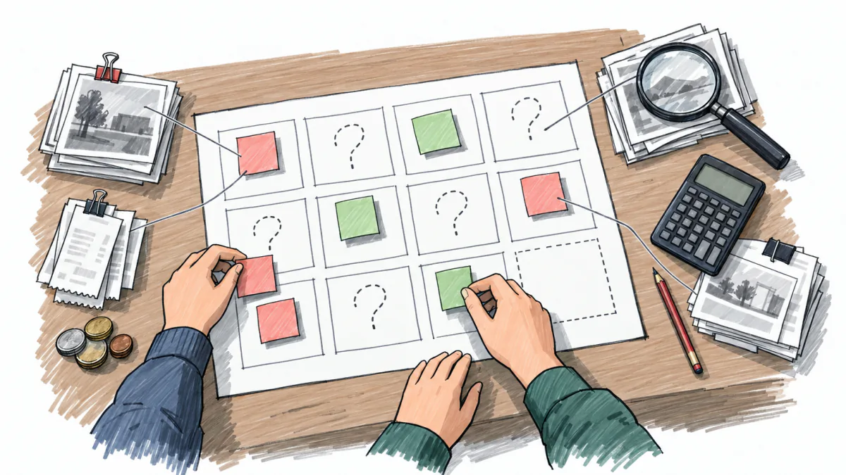 Sketch of hands placing sticky notes on a paper grid, linked by pencil lines to evidence cards, coins and a calculator