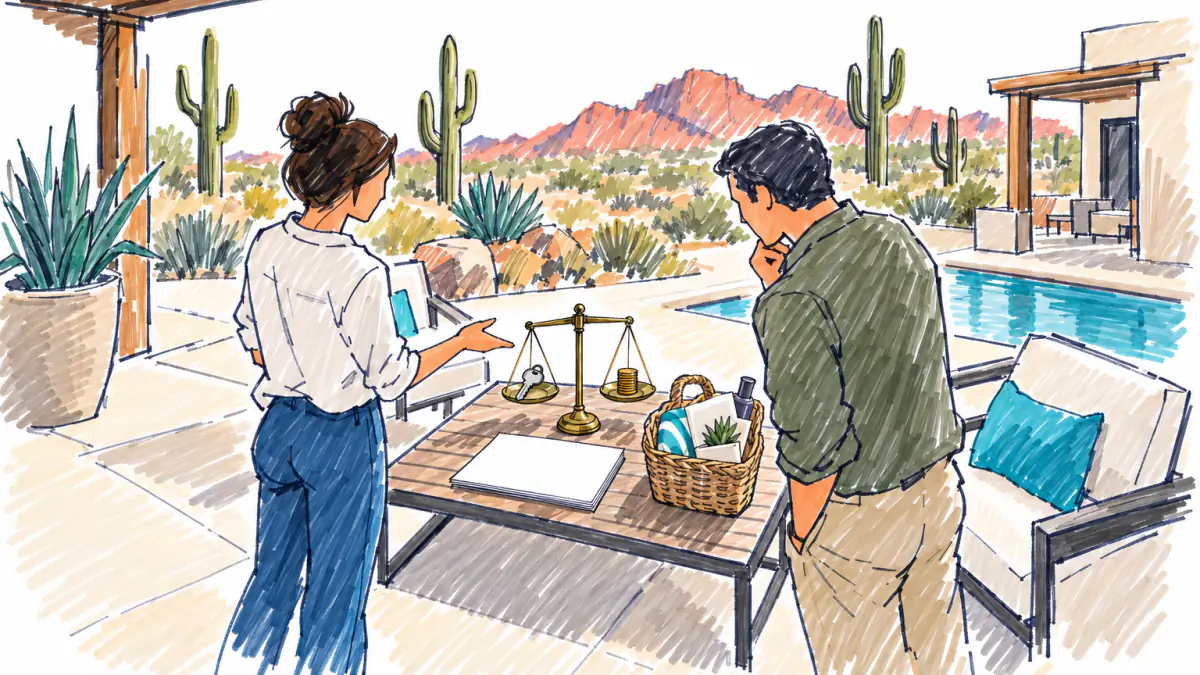 Marker sketch of two people on a desert house patio weighing a house key against coins on a small brass scale
