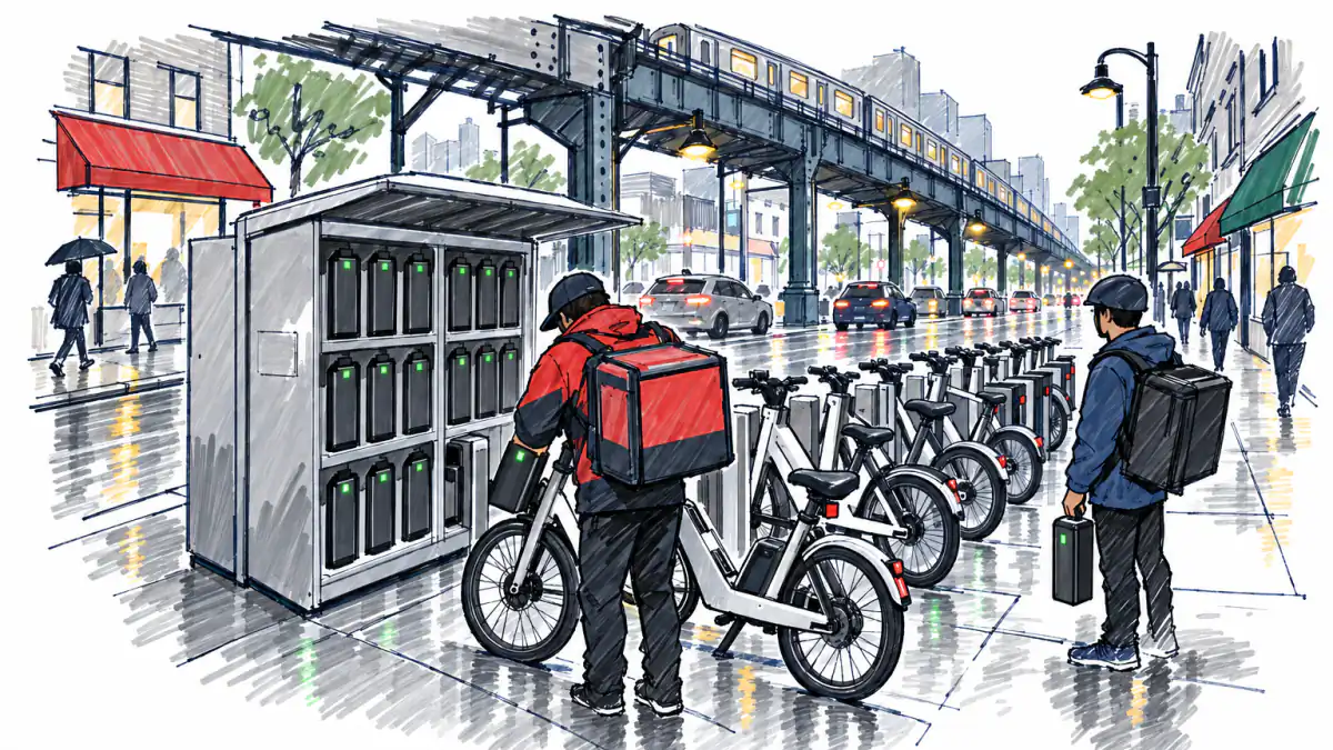 Marker sketch of a delivery courier swapping a battery on an e-bike at a curbside rack under elevated subway tracks at dusk