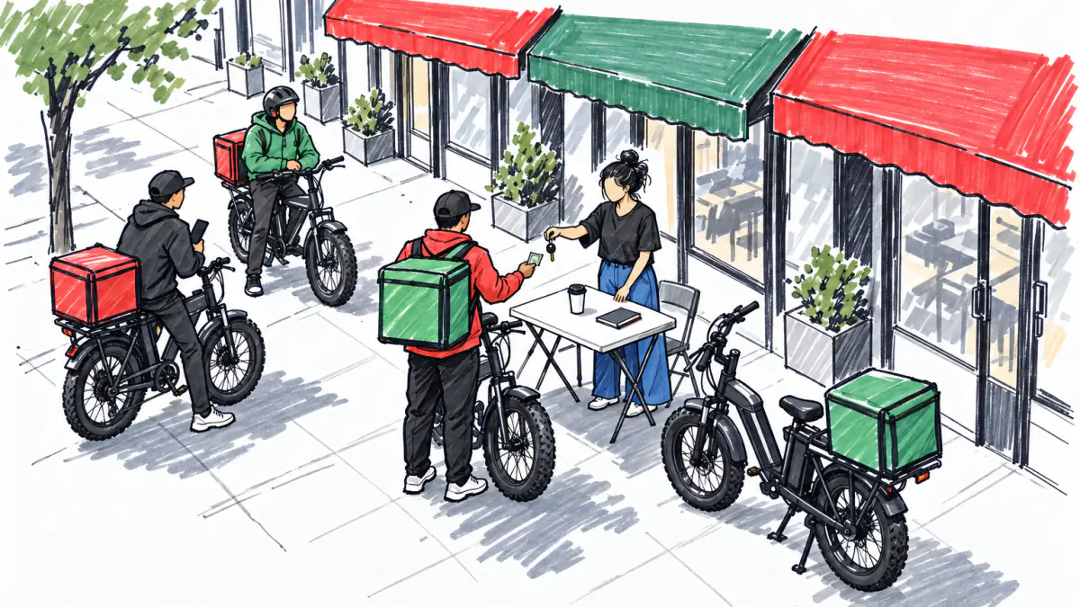 Marker sketch of a courier paying cash for a first week at a folding table beside two e-bikes on a busy sidewalk