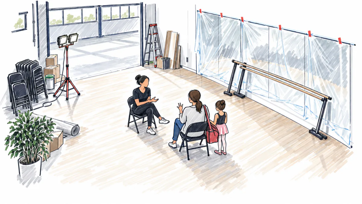 Asking a dance parent where else she looked, AI illustration A dance studio founder in an unfinished warehouse studio listens to a parent counting other studios on her fingers