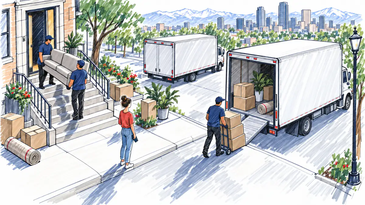 Marker sketch of two movers carrying a sofa from an apartment building to two trucks as a renter with a phone watches, mountains behind
