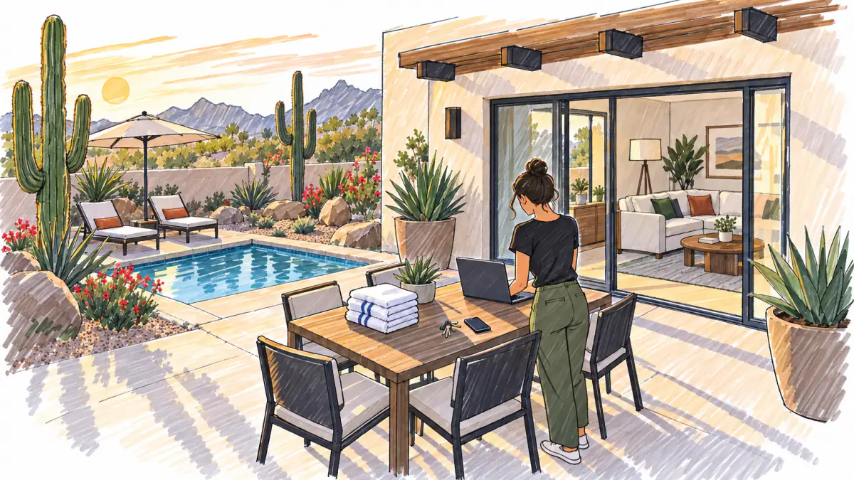Marker sketch of a woman at a patio table with a laptop, towels and keys beside a desert vacation home with a pool and saguaros