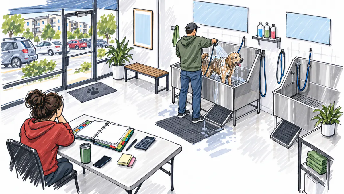 Planning a Self-Service Dog Wash, AI illustration Marker sketch of a self-service dog wash: an owner rinses a dog in a steel tub while a planner works through a tabbed binder nearby