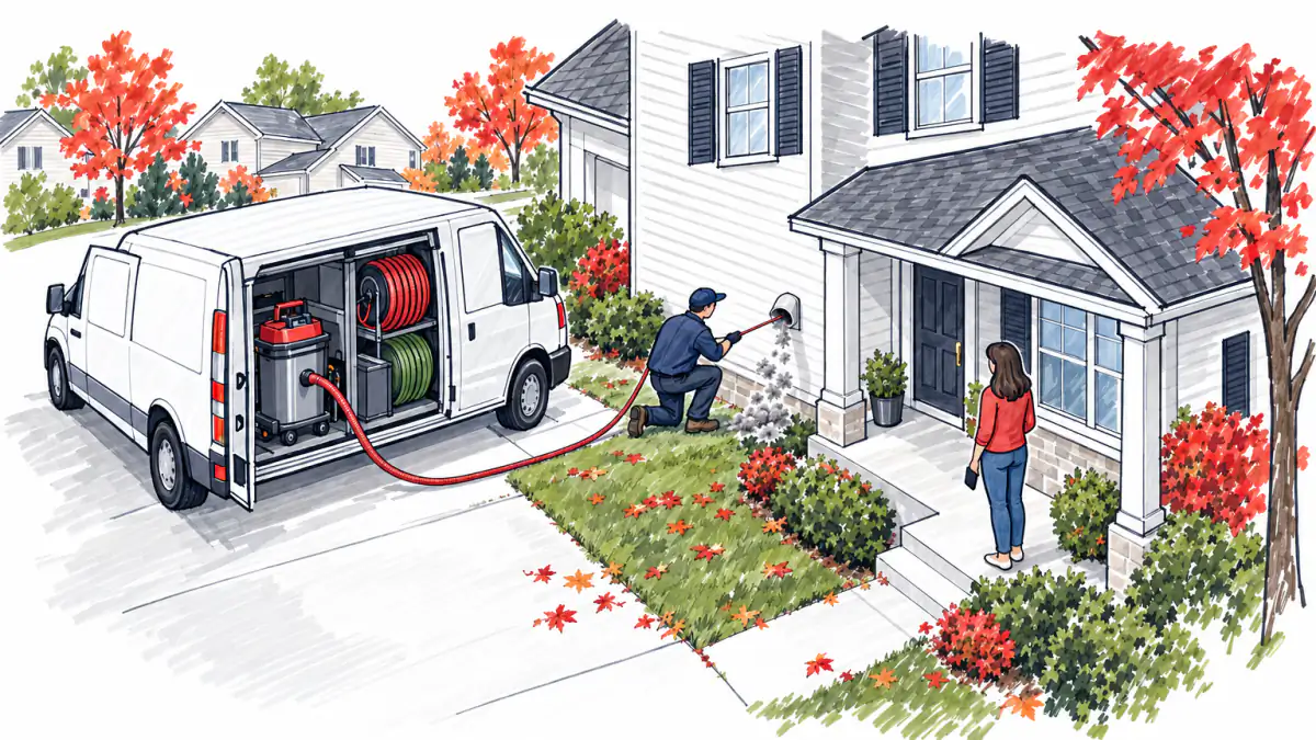 Marker sketch of a technician cleaning a house's dryer vent beside an open service van while a homeowner watches from the porch