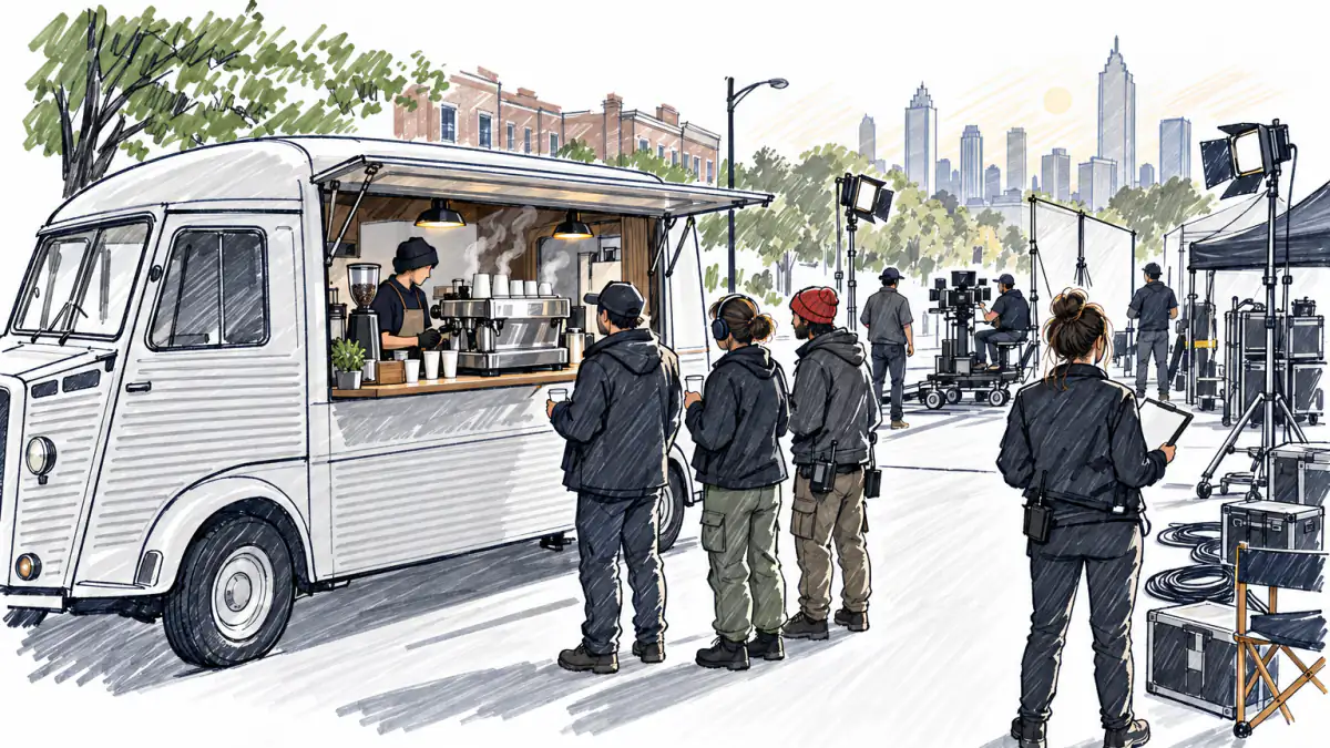 A converted espresso van at a film set, crew in headsets lining up for coffee near light stands and a camera dolly