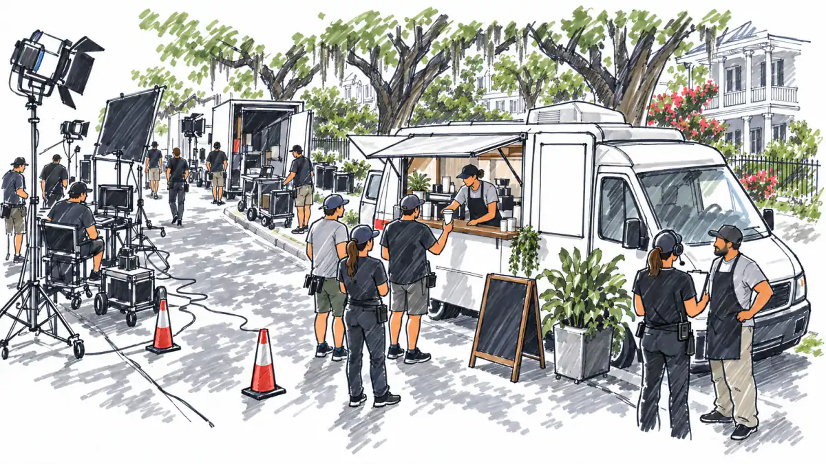 Film crew members line up at a converted espresso van while a coordinator with a clipboard talks to the owner