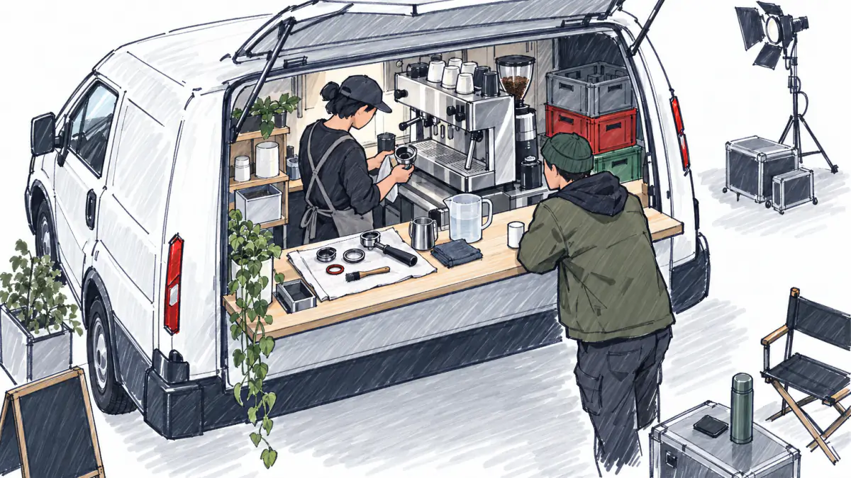 An owner taking apart an espresso machine in a van hatch, parts laid on a towel, while a crew member waits with an empty cup