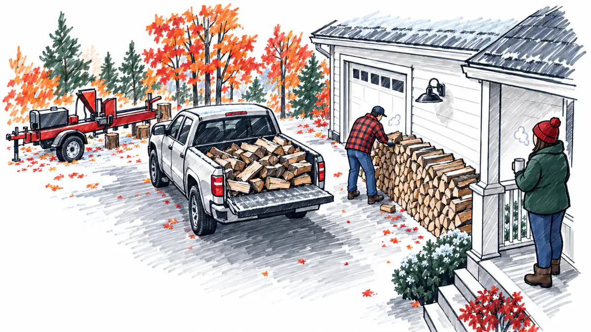 A firewood dealer stacks split logs by a garage while the homeowner watches from the porch with a mug