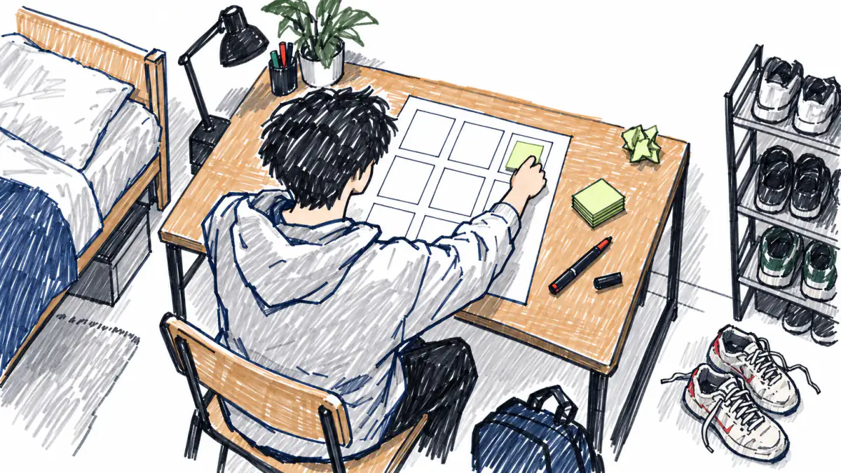 Marker sketch of a person at a dorm desk sticking the first note onto a paper grid of nine empty boxes, sneakers on a rack nearby