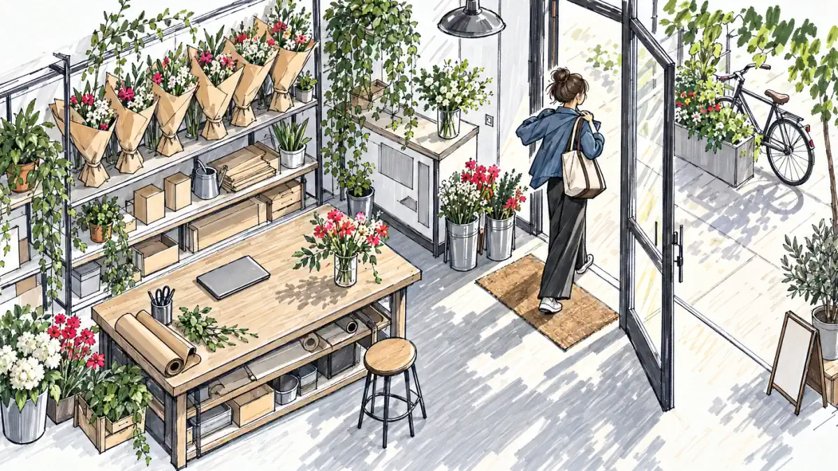 Marker sketch of a florist putting on her jacket to leave in the afternoon, wrapped bouquets on a shelf and a closed laptop