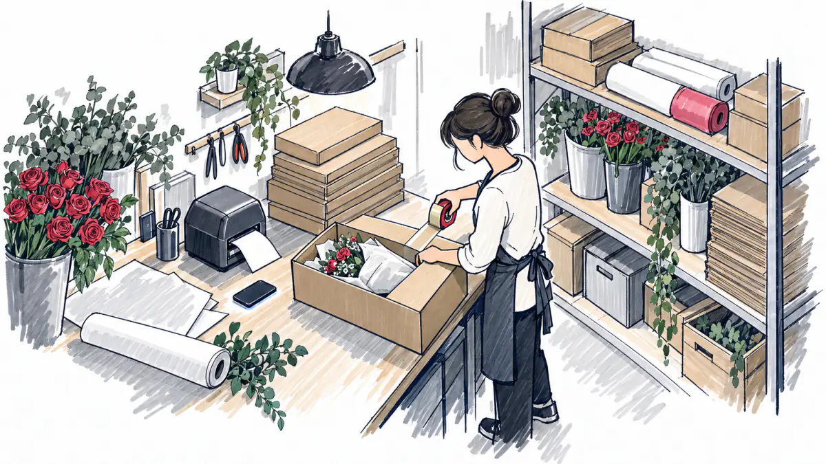 Marker sketch of a florist taping a delivery box while a small printer pushes out a blank slip beside a face-down phone