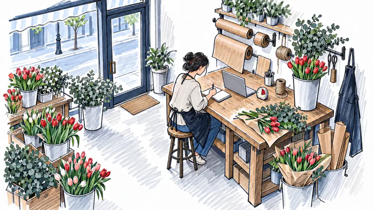 Marker sketch of a florist at her workbench before opening, timing a task on a laptop with a kitchen timer and a small notebook