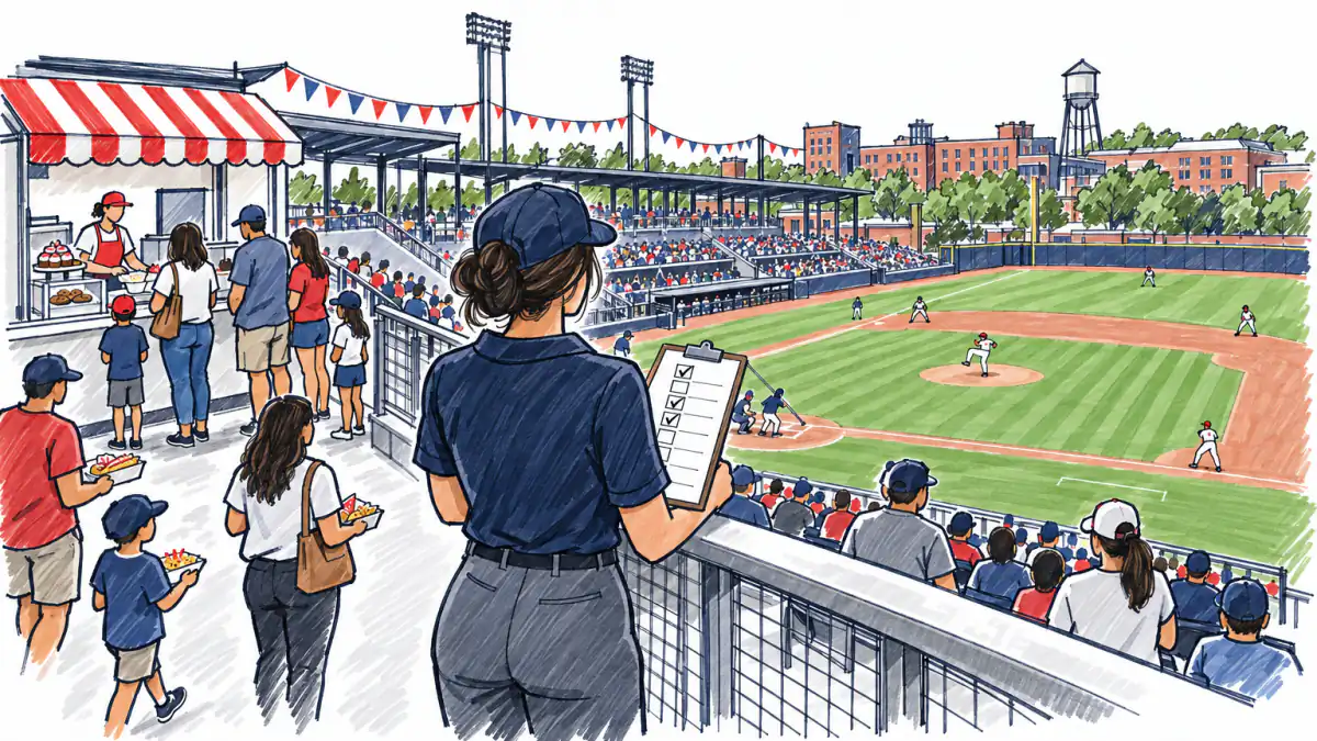 Seven Questions on the Concourse, AI illustration Marker sketch of a founder at a ballpark railing with a clipboard of seven cards, watching fans queue at a dessert stand