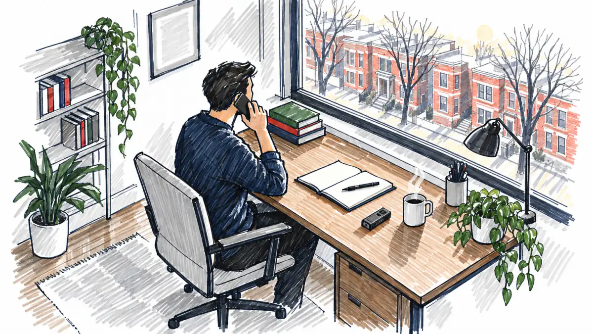 Marker sketch of a founder on a phone call at a window desk, an audio recorder switched off beside an open blank notebook