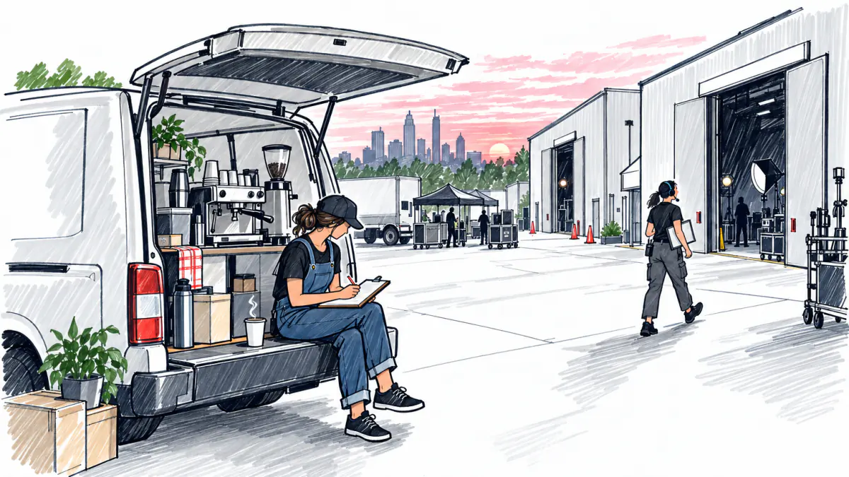 A founder on a van's rear bumper at dawn filling in a sheet on a clipboard as a coordinator in a headset crosses the lot