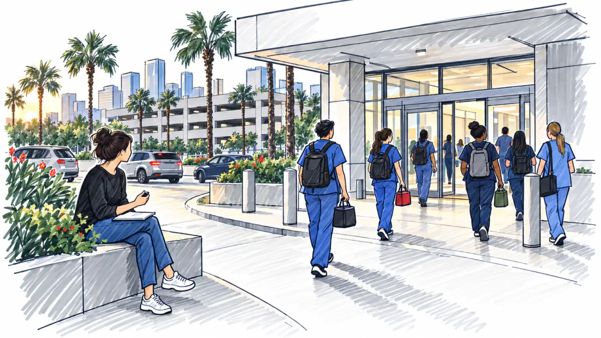 A founder on a low wall clicking a hand tally counter as nurses in scrubs walk into a hospital entrance at shift change