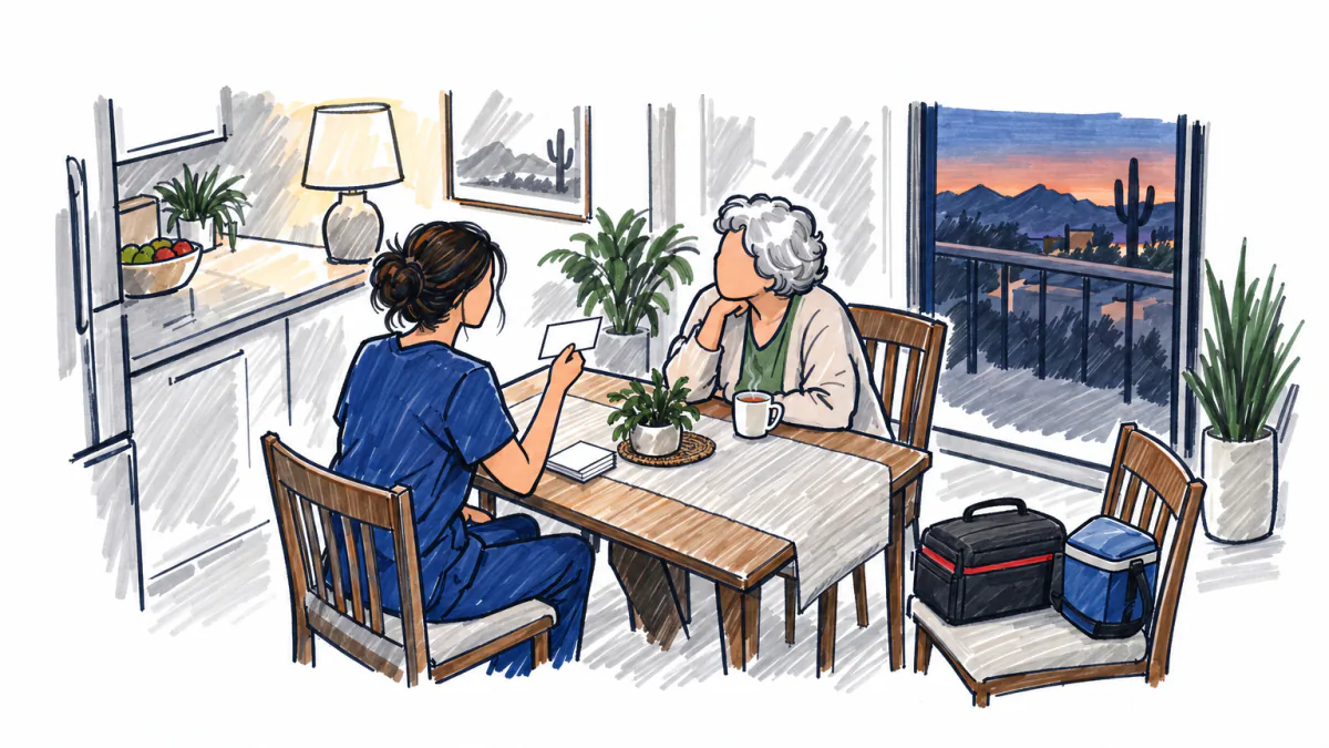Reading the One-Line Pitch to a Future Customer, AI illustration A woman in scrubs reading an index card aloud to an older woman across a kitchen table, a medical kit on the chair beside
