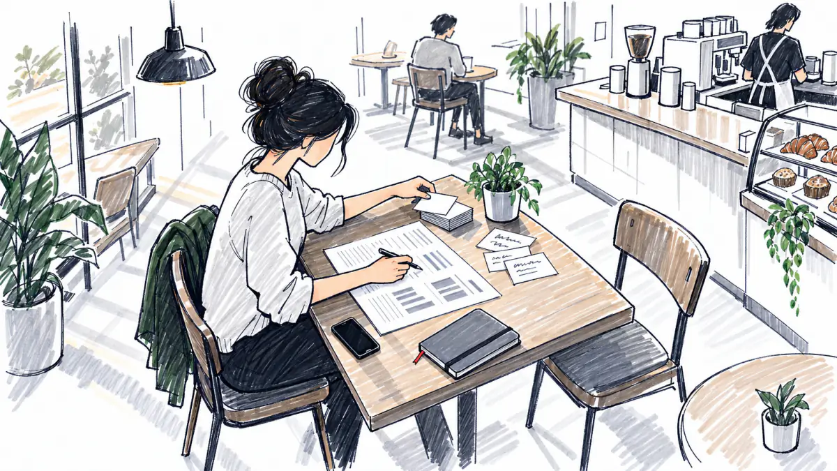 Marker sketch of a founder at a coffee shop table pausing over a printed report and reaching for a blank index card