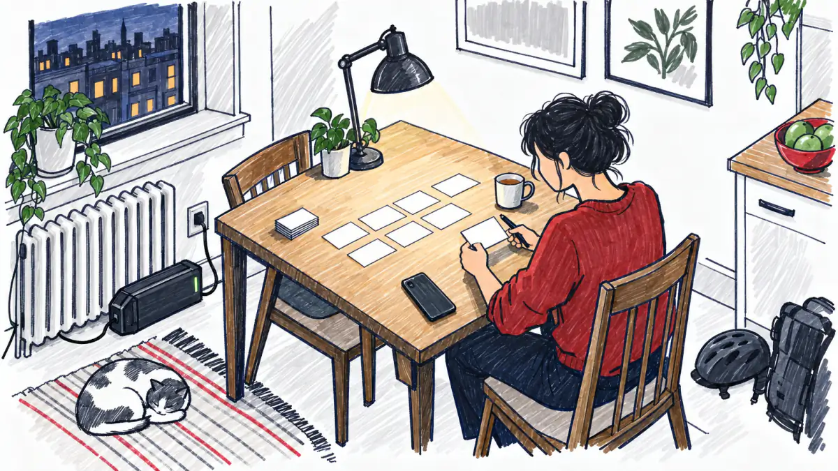 Marker sketch of a founder at a kitchen table working through ten blank index cards one at a time, an e-bike battery charging nearby