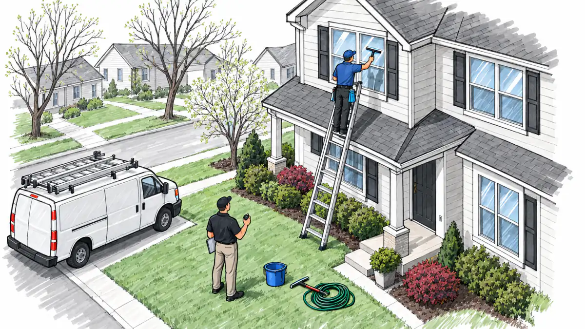 Timing the First Two-Story Job, AI illustration A founder on a lawn timing a window cleaner on a ladder at a two-story house, a bucket and squeegee on the grass nearby