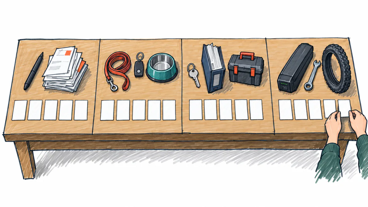 Marker sketch of a table with four rows of five blank cards, each row under objects like a stylus, dog leash, house key and e-bike battery