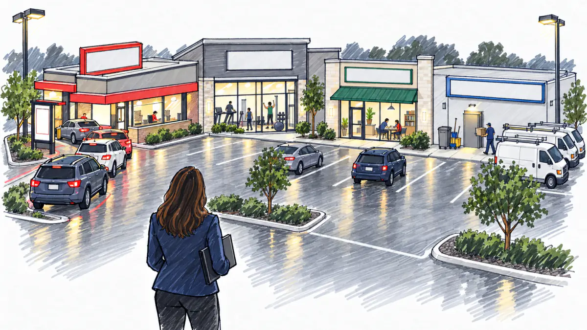 Marker sketch of a woman with a folder looking across a parking lot at a drive-thru, a gym, a tutoring center and cleaning vans