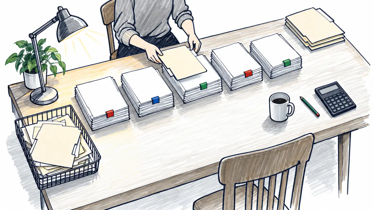 Marker sketch of hands moving a folder past five document stacks on a kitchen table, with a full discard tray and three kept folders