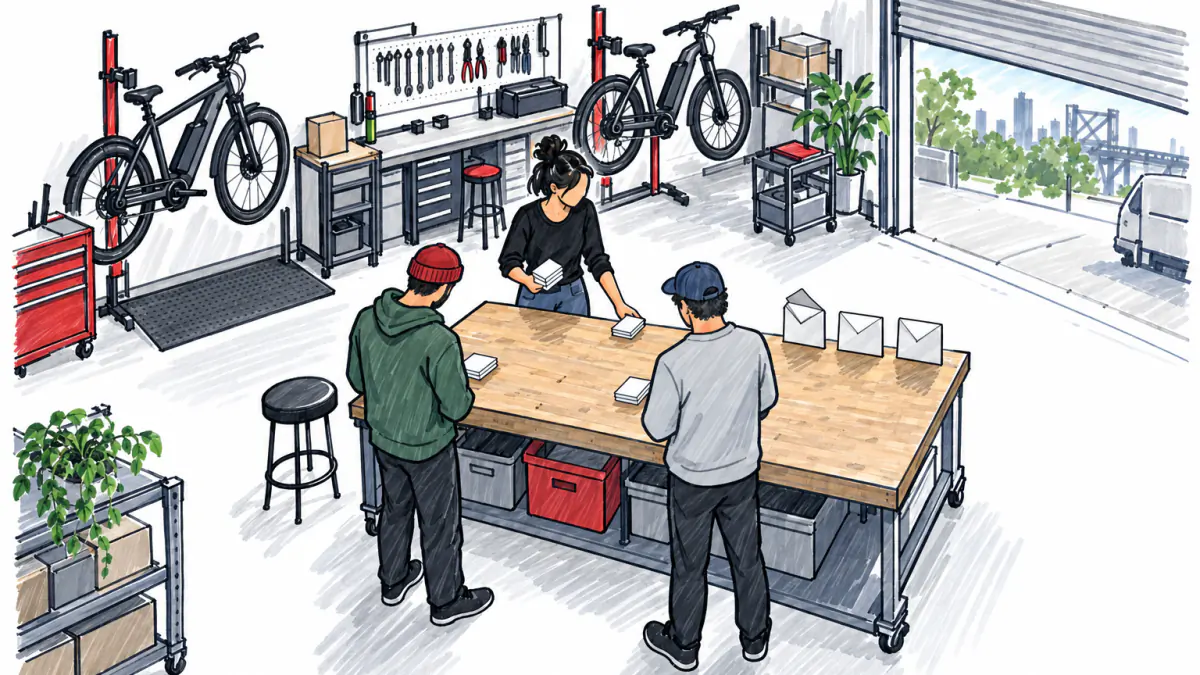 Marker sketch of three people at a garage workbench splitting stacks of cards between them, three envelopes lined up with one opened