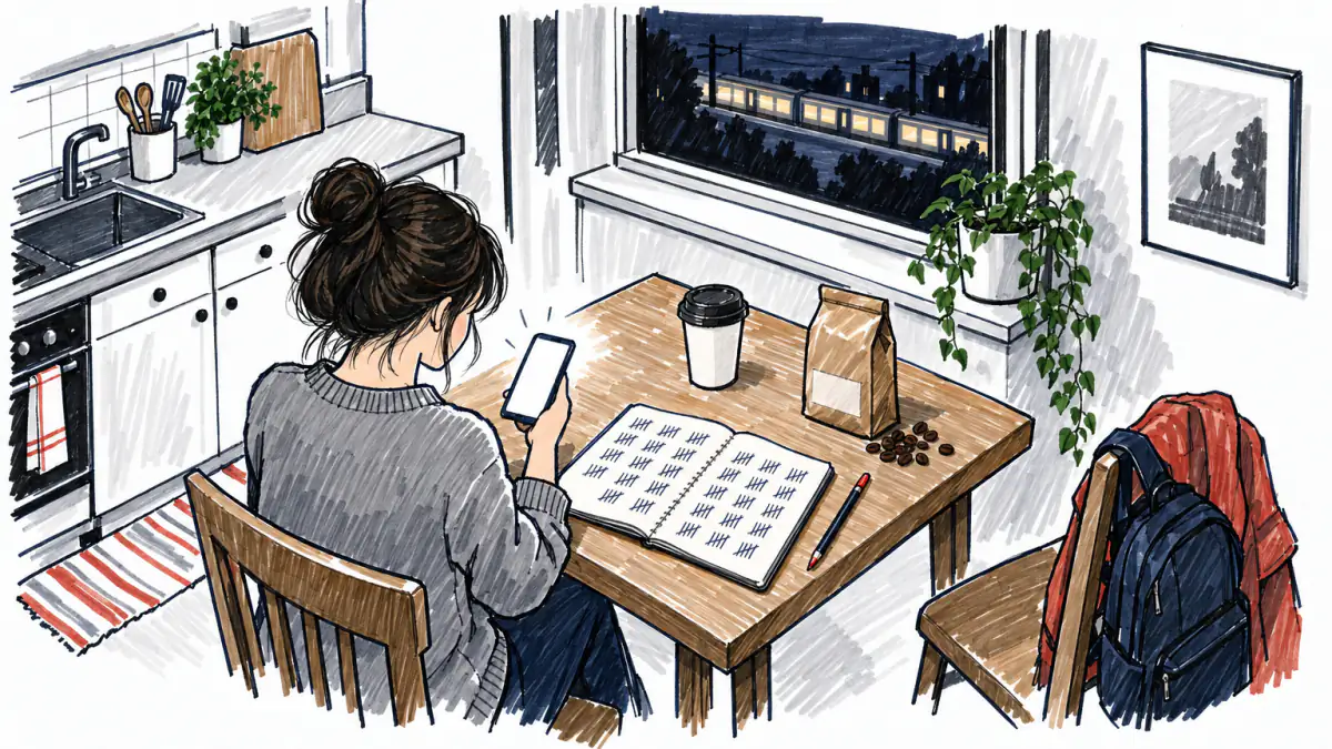 A young woman at a kitchen table holds a phone beside a notebook filled with tally marks grouped in fives