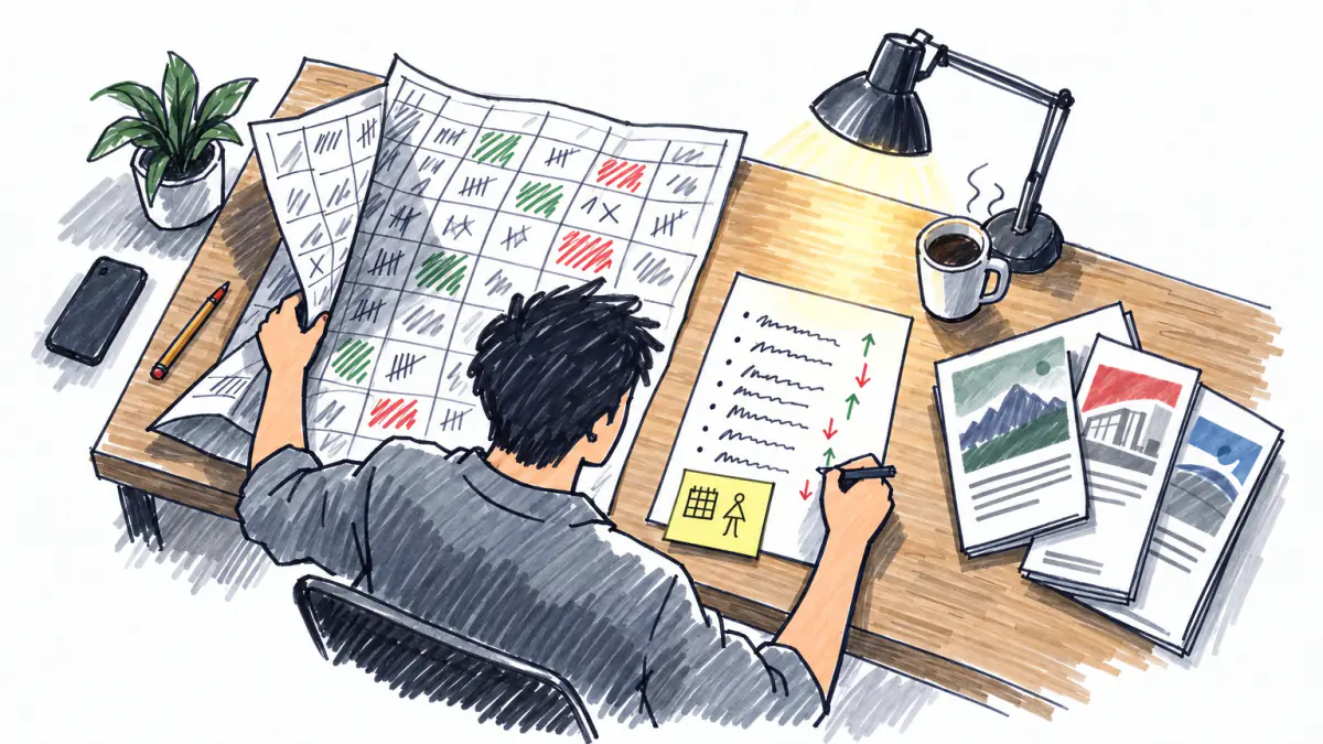 Marker sketch of a person at a desk condensing a large folded grid sheet into one page with arrows and a sticky note
