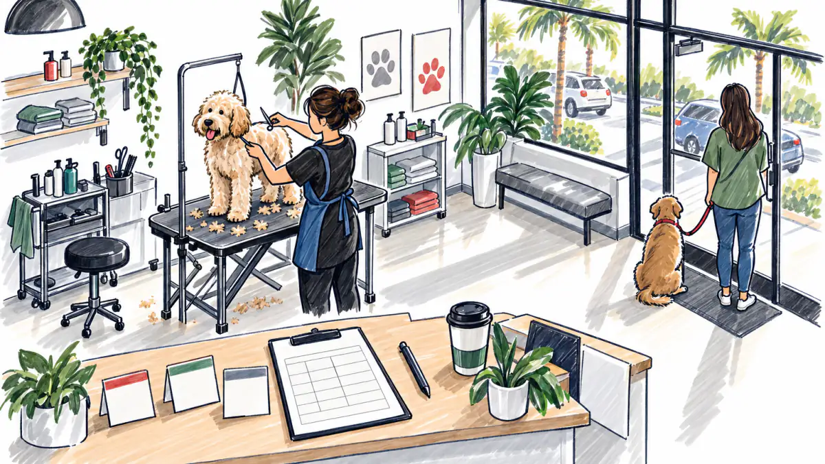 Marker sketch of a groomer trimming a dog in a strip-mall salon, with a clipboard grid and rival price cards on the counter