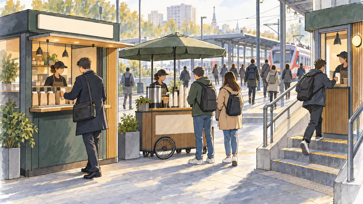 Three coffee stands, one idea — drawing Marker sketch of a commuter station square with three small coffee points: a pre-order kiosk, a budget cart and a grab-and-go window