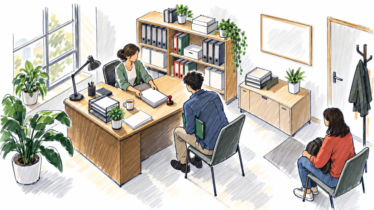 A consultant at a cluttered desk slides blank forms and a round seal toward a young founder holding a folder