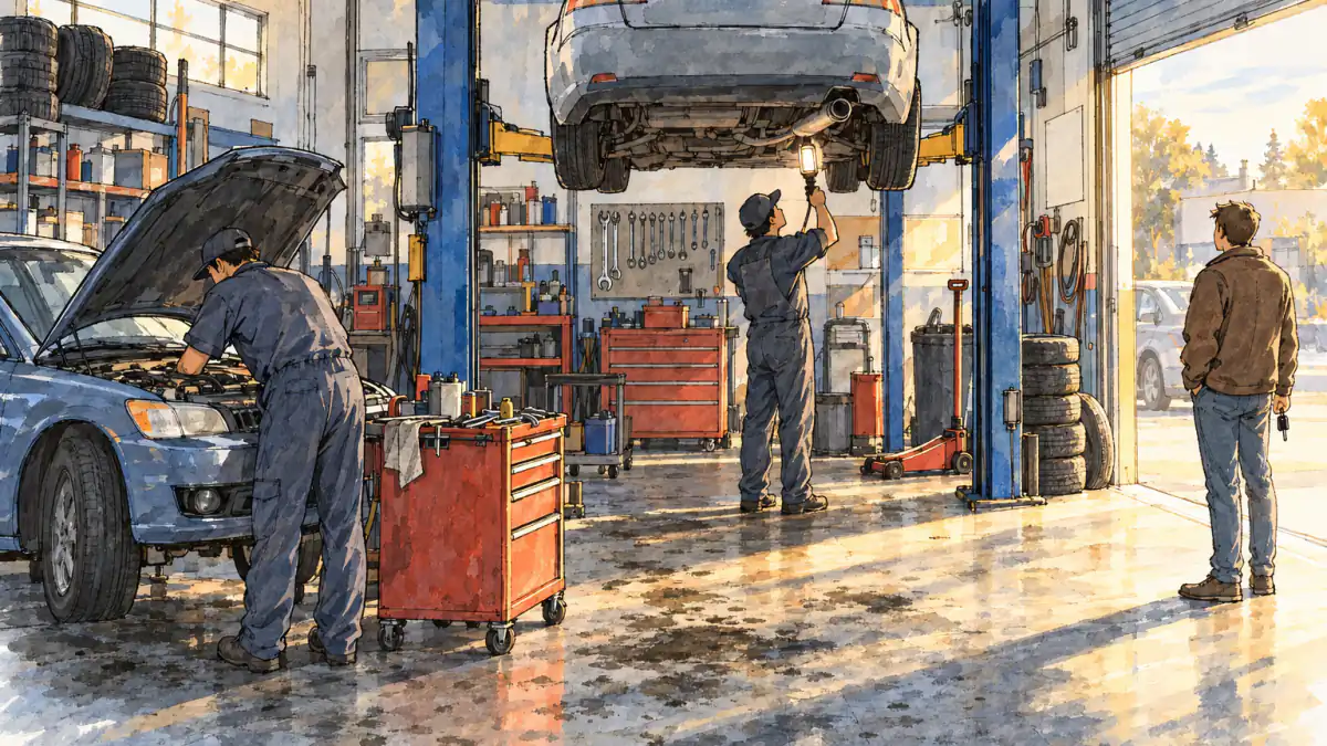 An independent two-bay repair garage — drawing Marker sketch of a two-bay car repair garage: one mechanic under a car on a lift, another at an open hood, a customer waiting with keys