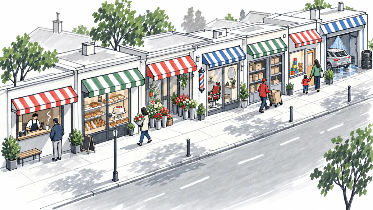 A neighborhood street in the early morning lined with small shops: a coffee window, a bakery, buckets of flowers